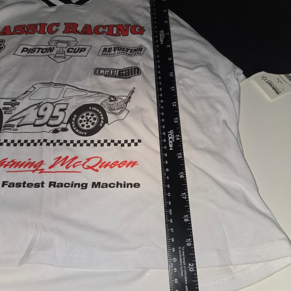 Disney Pixar Cars Lightning McQueen Racing Raglan T-Shirt White Black Womens L - Picture 5 of 5